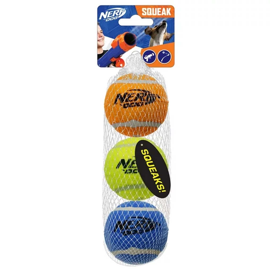 Nerf Dog 2.5-inch Squeak Tennis Ball Dog Toy, 3-Pack in orange, lime and blue