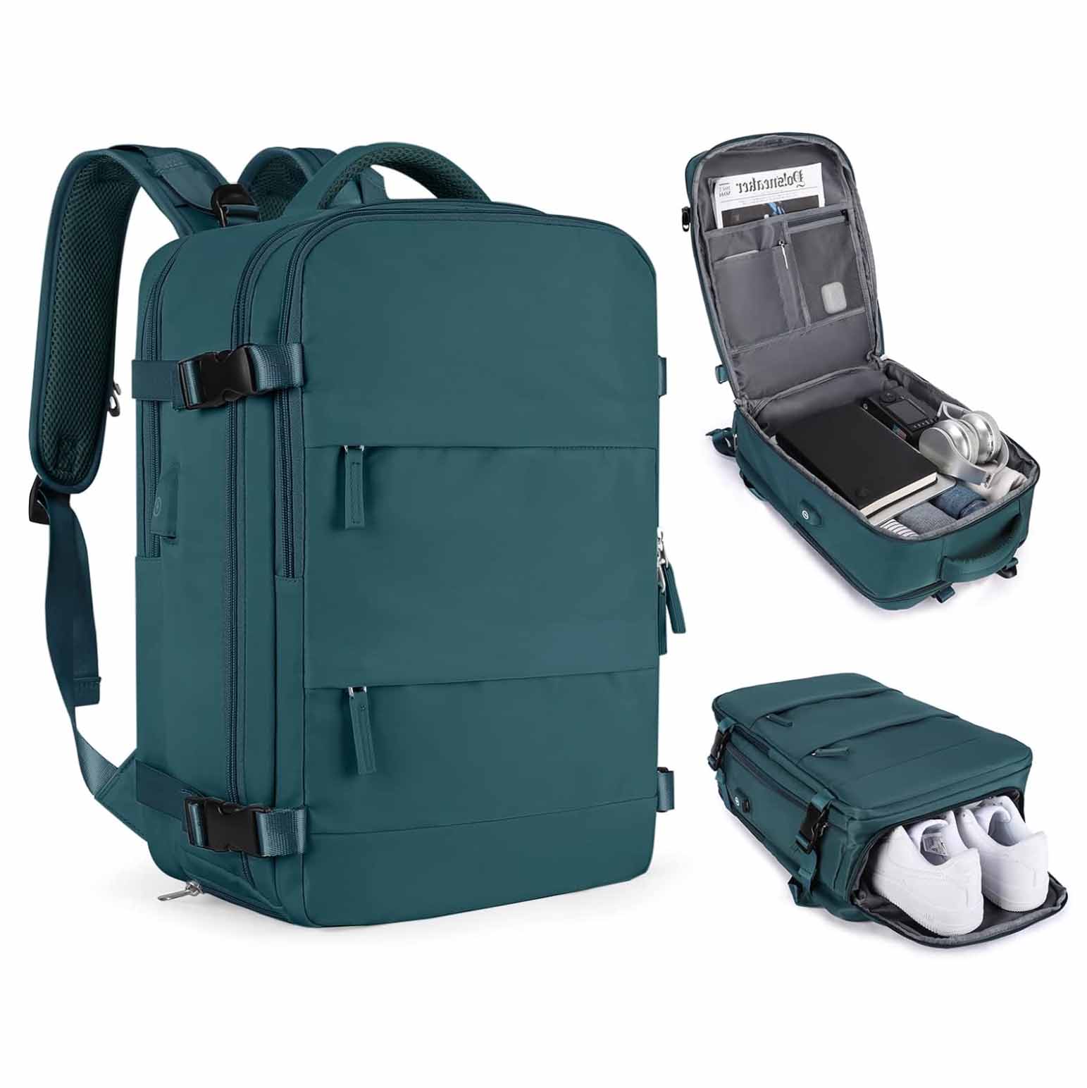 Dark green backpack showing interior compartments