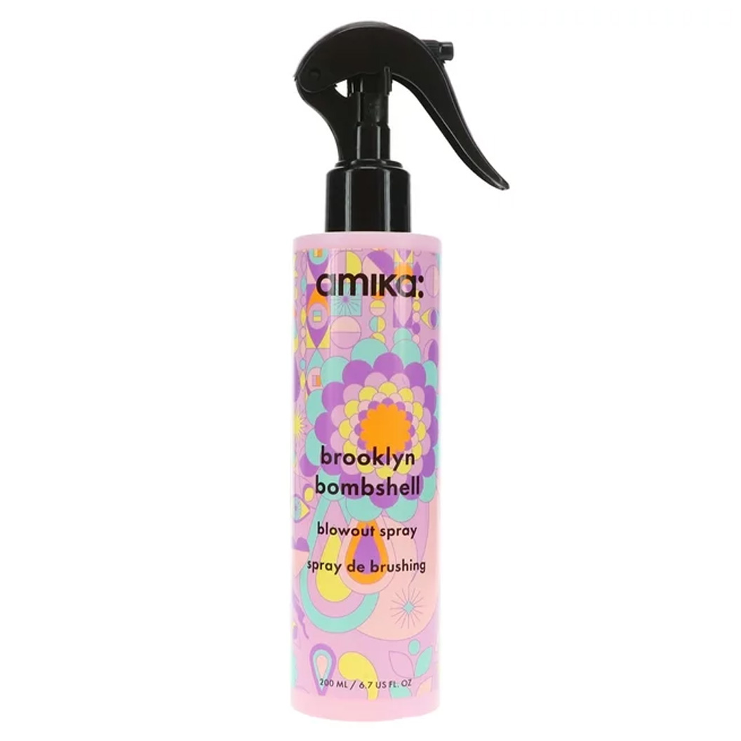 pink, purple and baby blue amika blowout spray bottle with a black 