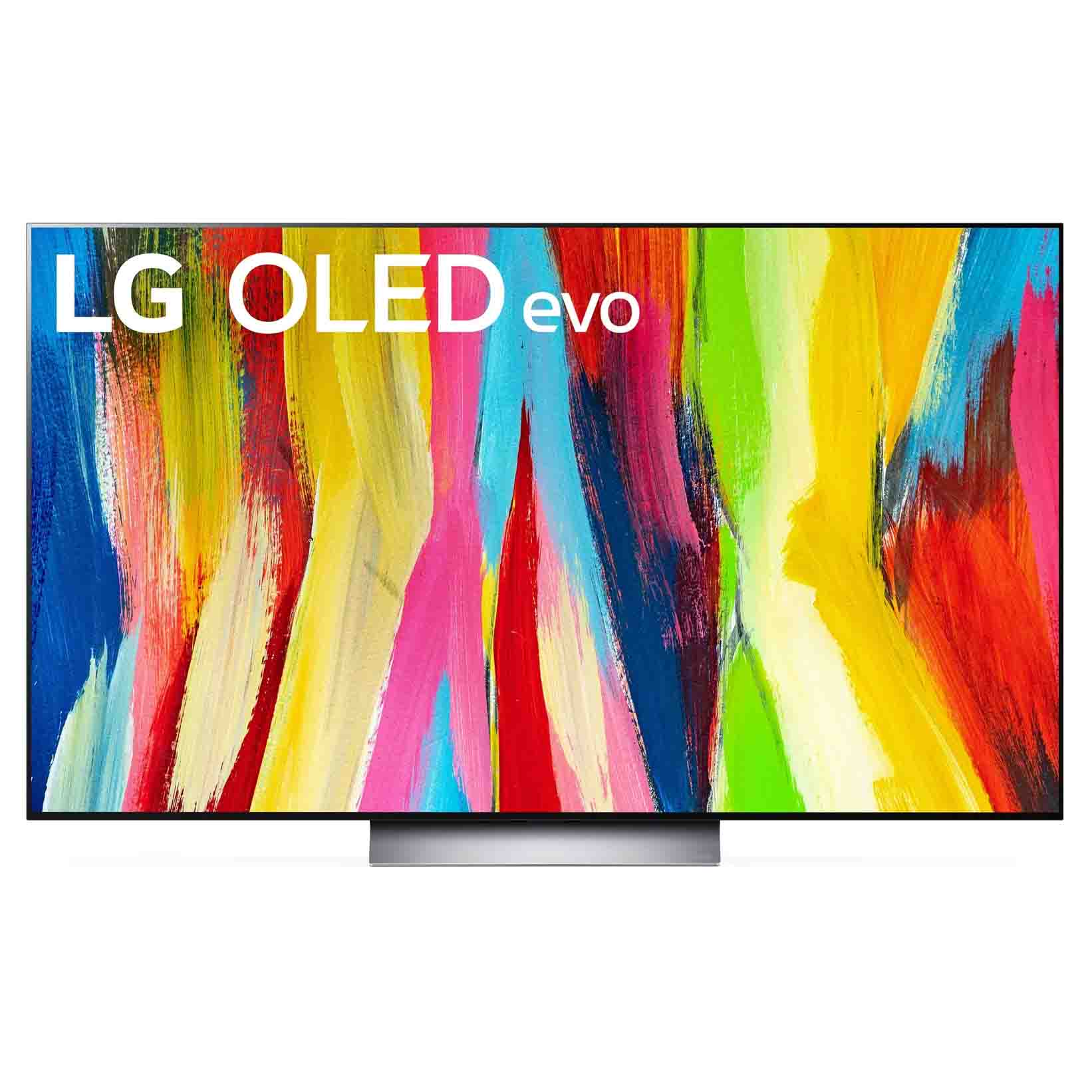 the LG C2 Series 55-Inch Class OLED evo Smart TV in black with a multicolour screensaver