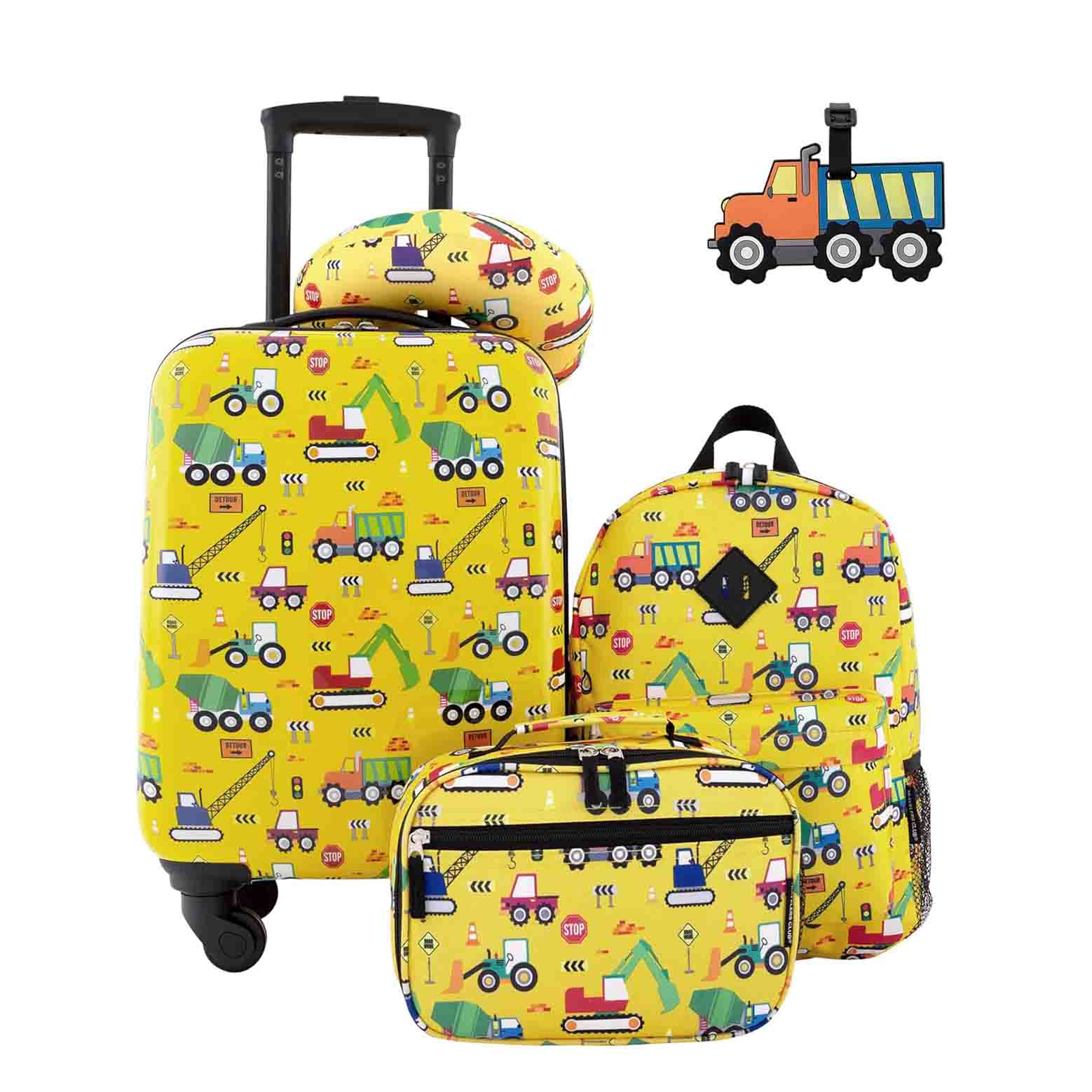 Yellow car 5 Piece Kids' Luggage Set including a suitcase, backpack, lunch bag, neck pillow and luggage tag