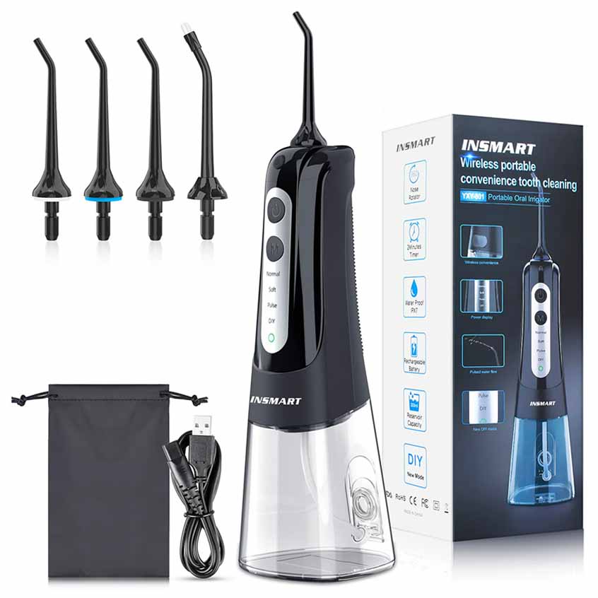 cordless water flosser with multiple heads, cable, and box
