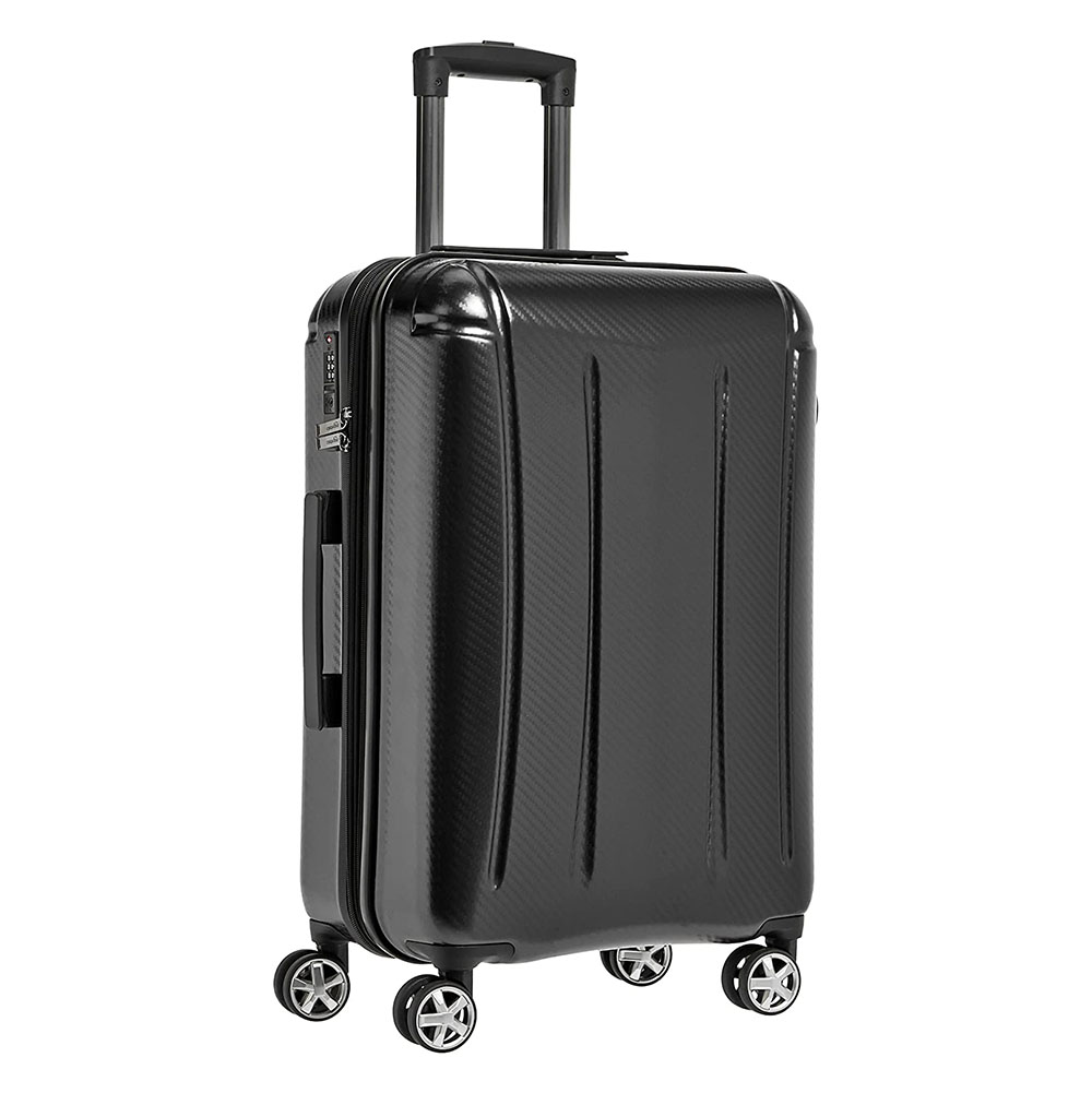 a black hardshell suitcase with a partially extended handle