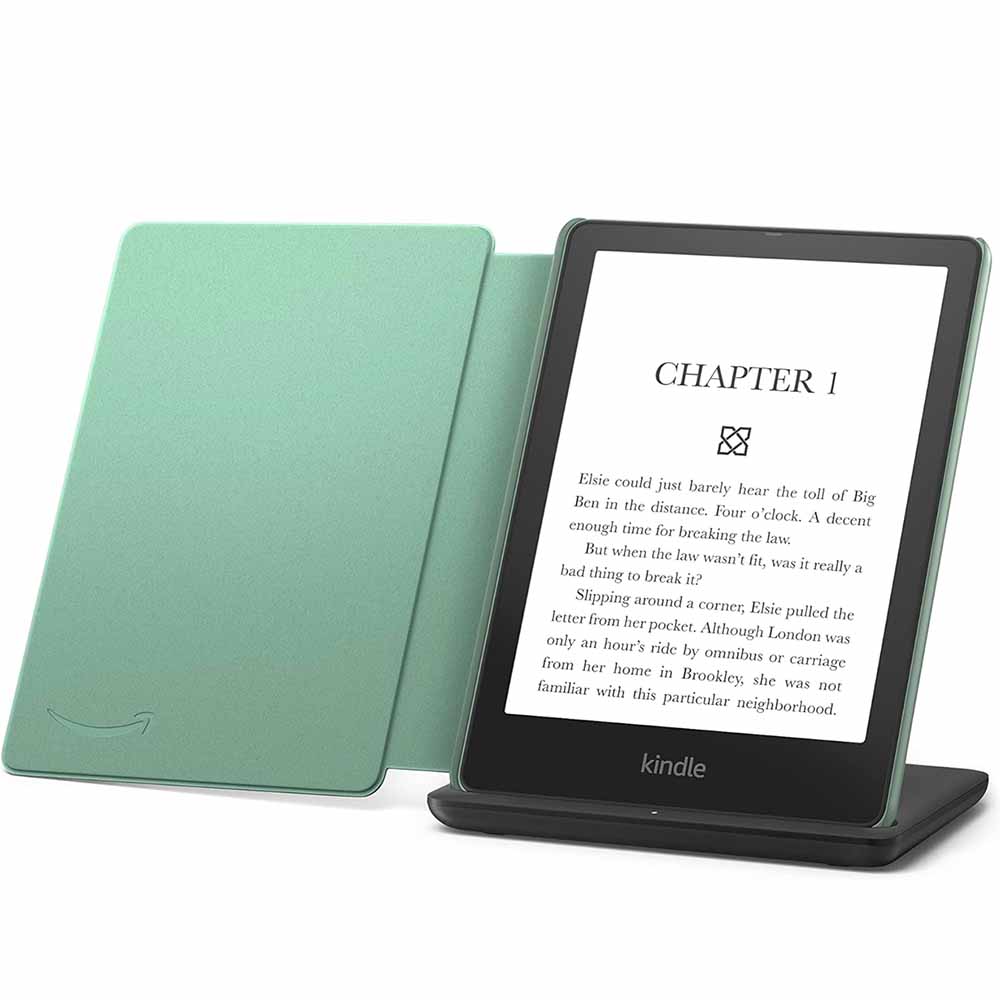 kindle paperwhite with green case and charging dock