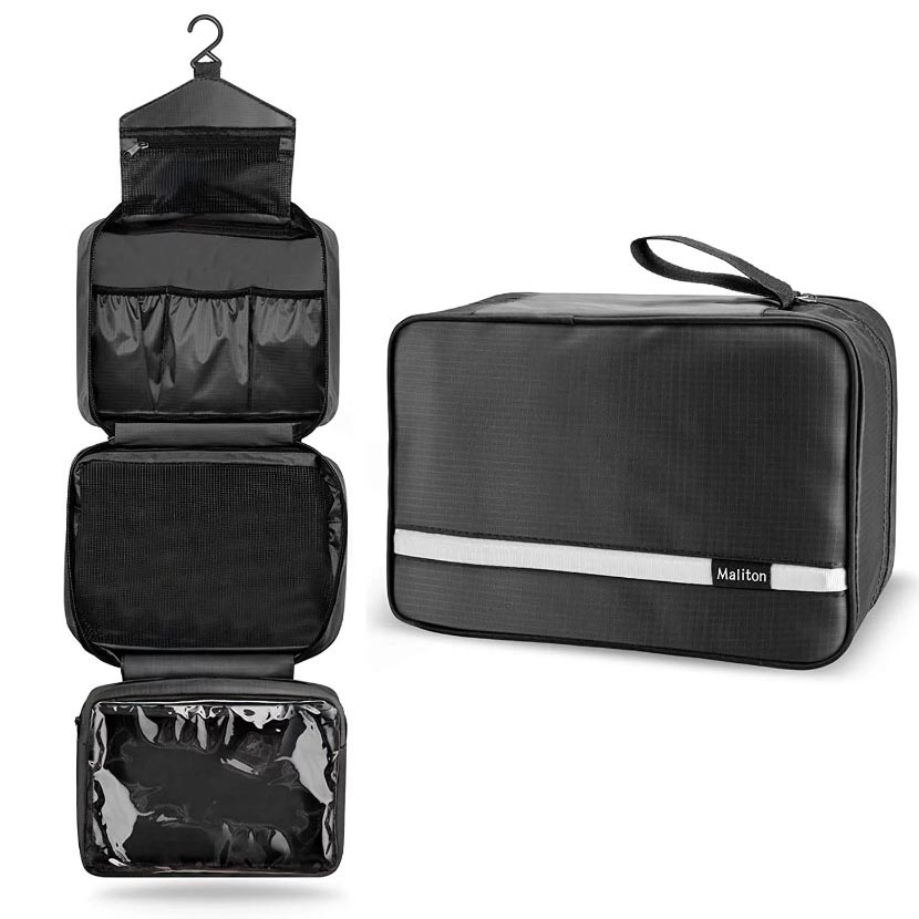 Black toiletry bag with a display of the interior compartments