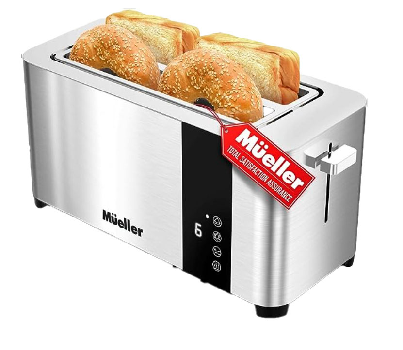 Mueller UltraToast Full Stainless Steel Toaster 4 Slice toaster with two slices of bread and two bagels