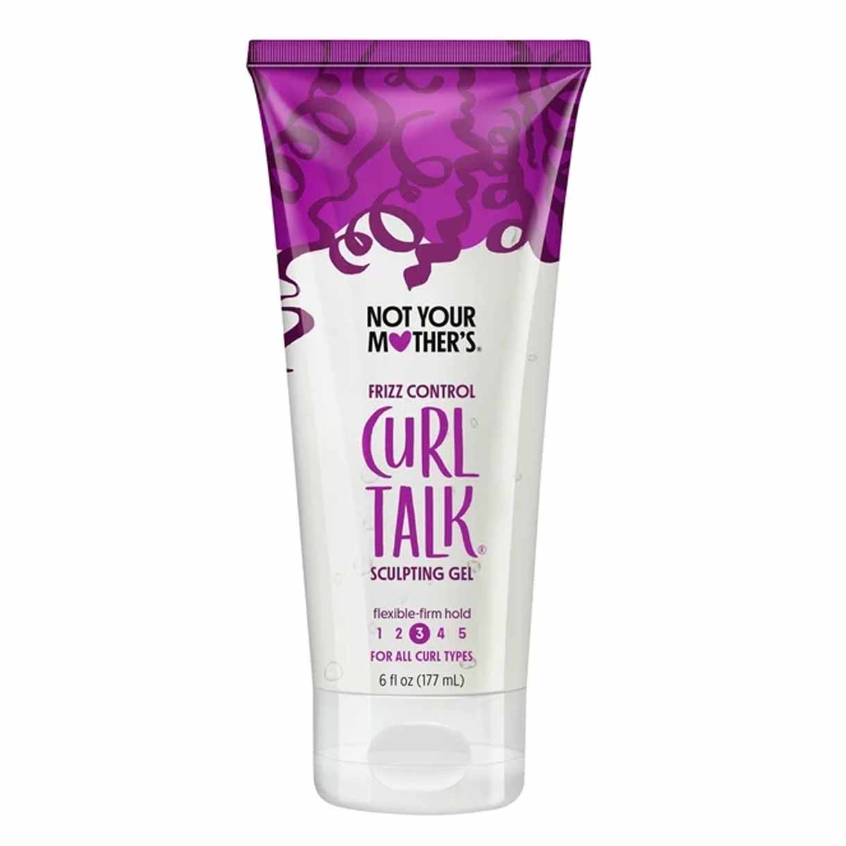white and purple tube bottle of Not Your Mothers Curl Talk Frizz Control Sculpting Gel