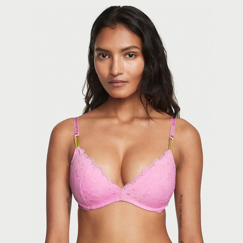 model in pink lace bra