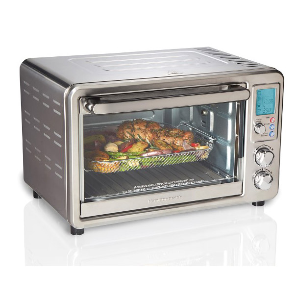 Silver air fryer oven with rotisserie chicken