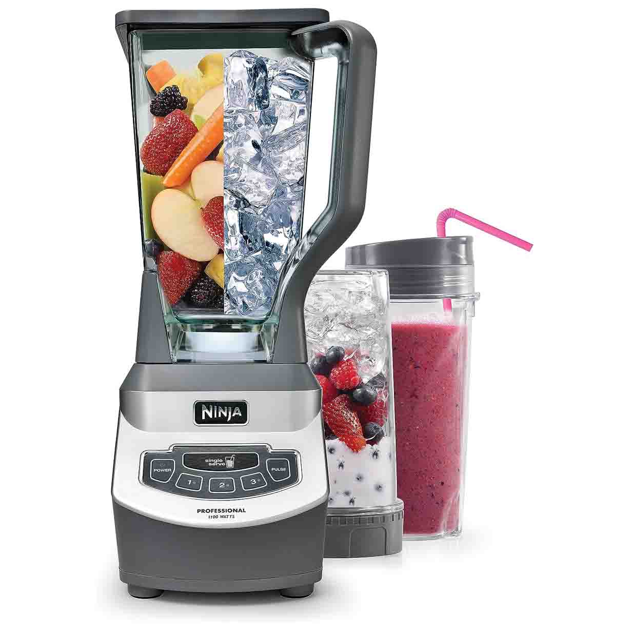 Ninja BL660 Professional Compact Smoothie & Food Processing Blender with fruit and ice inside