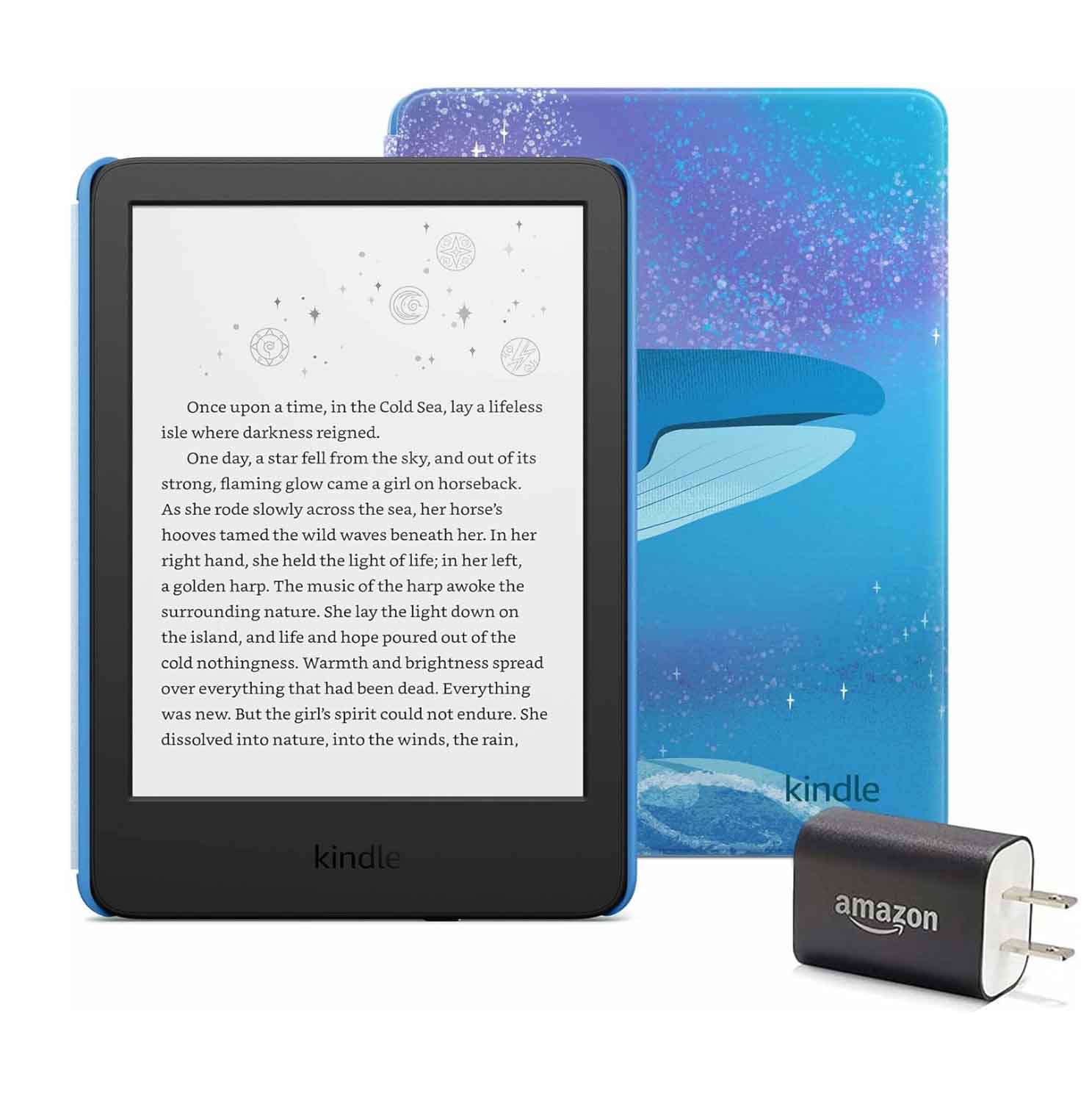 Front and back view of kindle with whale image