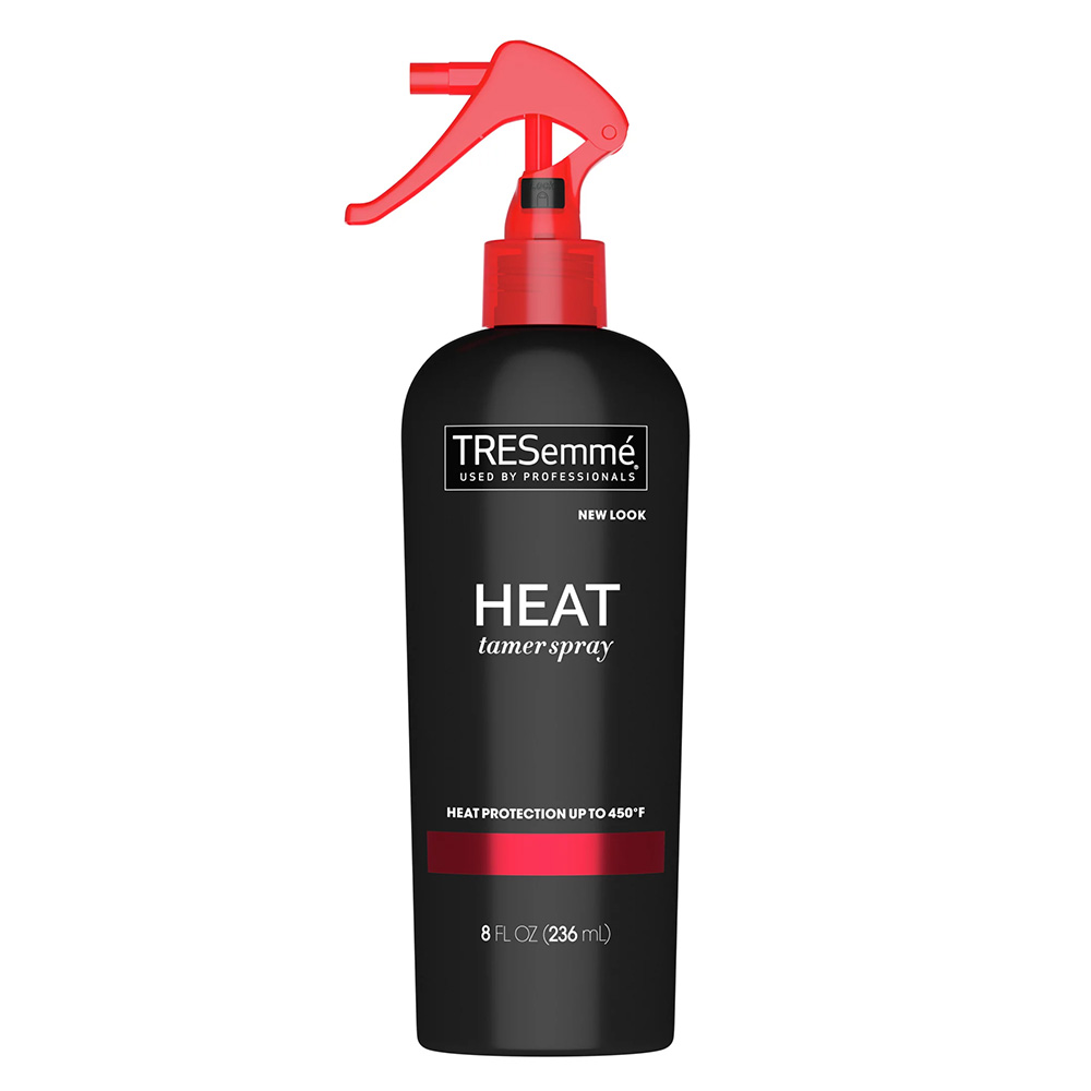 a black bottle of Tresemme Thermal Creations Leave-In Heat Tamer for Hair Heat Protection