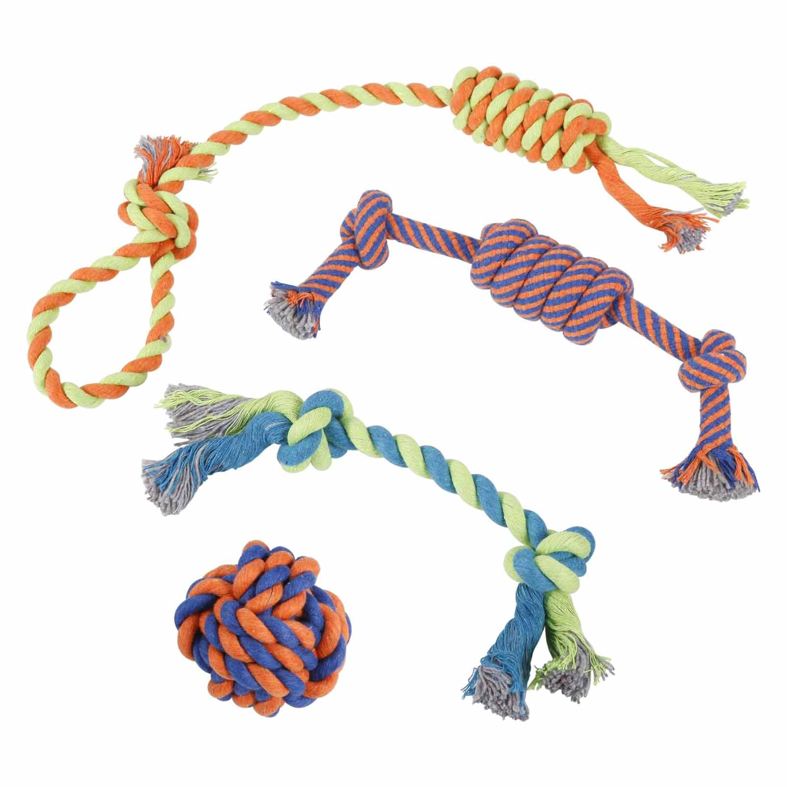 pack of four, 100% cotton dog rope toys in different colors and sizes 