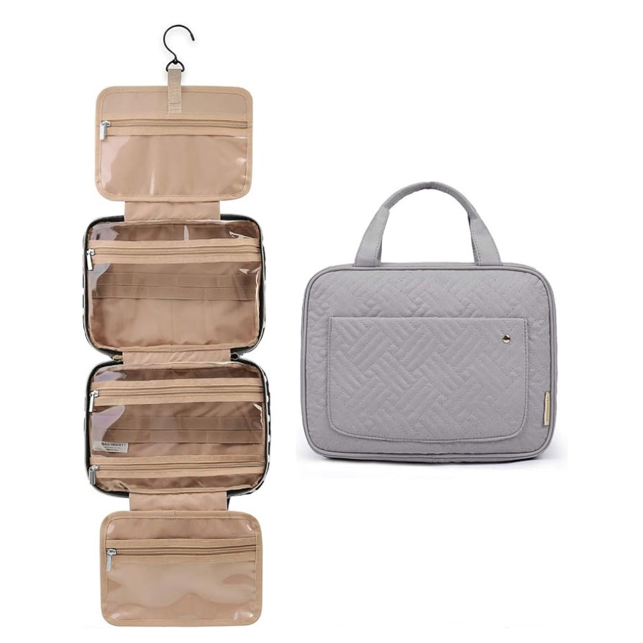 Grey toiletry bag with hook and display of interior in nude color
