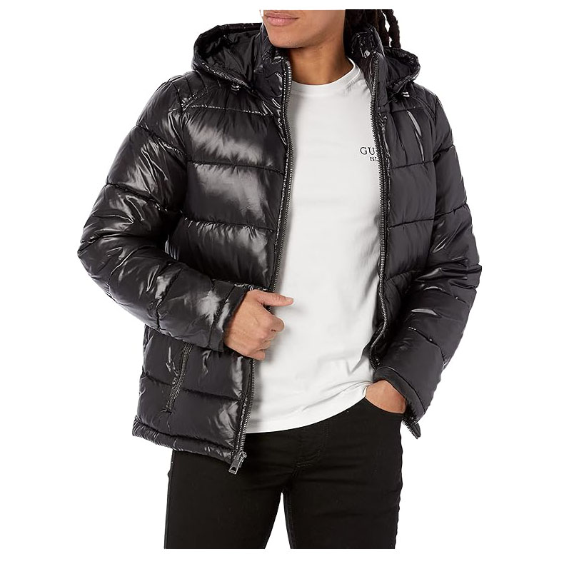 Man wearing GUESS Men-s Mid-weight Puffer Jacket With Removable Hood