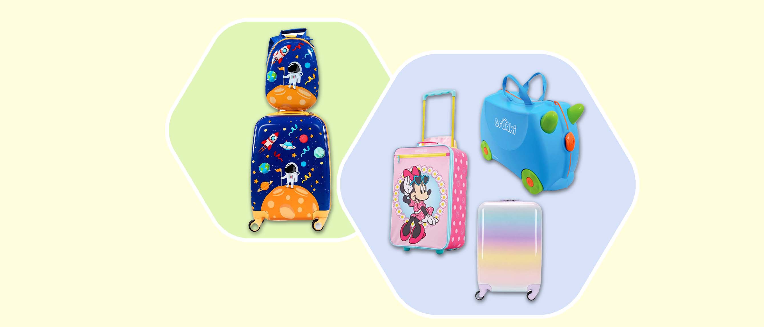 a collection of the best kids luggage: an astronaut duo set, Minnie Mouse suitcase, an ombre suitcase, Trunki ride-on suitcase