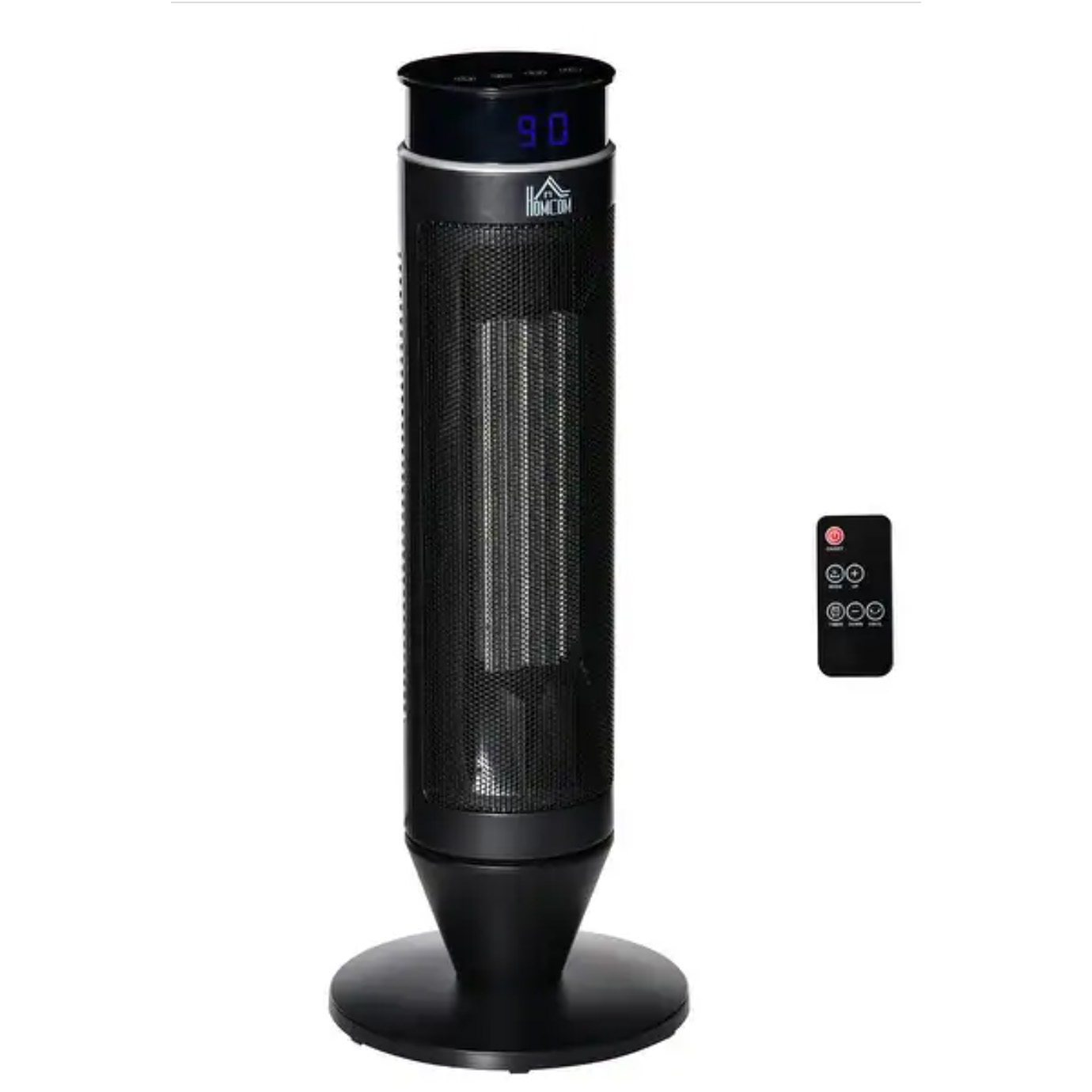 Black cylinder heater on stand with remote control