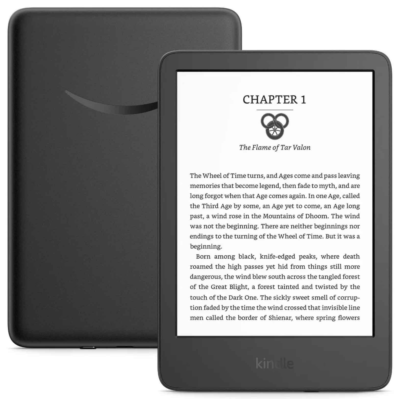 Front and back view of black Kindle