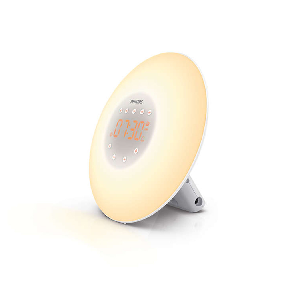 the Philips Wake-up Light in white and yellow reading '07:30'