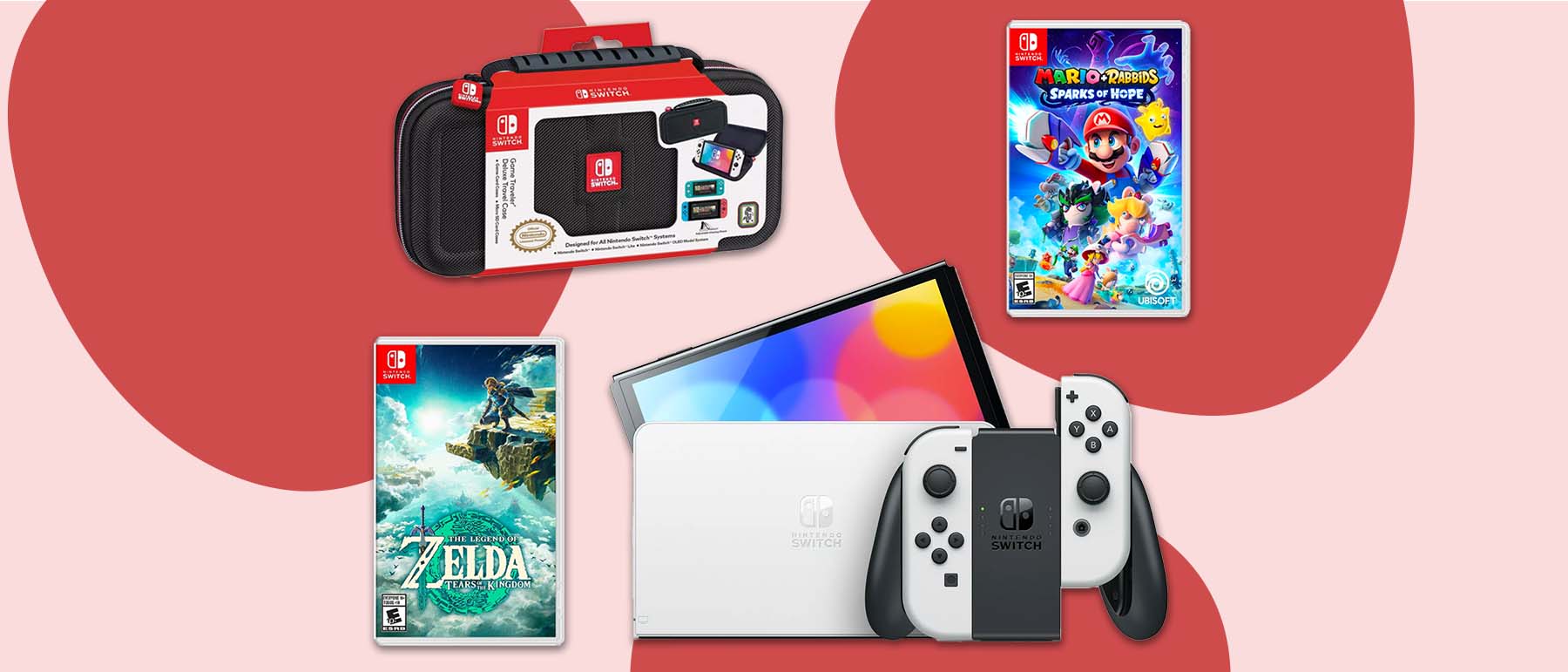 nintendo switch oled, travel case, zelda: tears of the kingdom and mario + rabbids games on red background