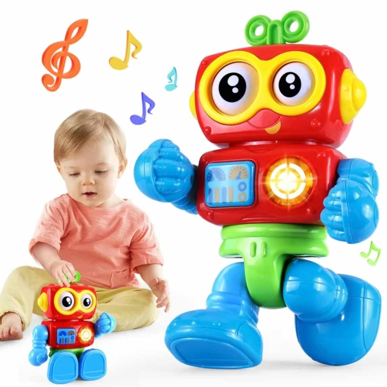 Baby playing with colorful robot toy