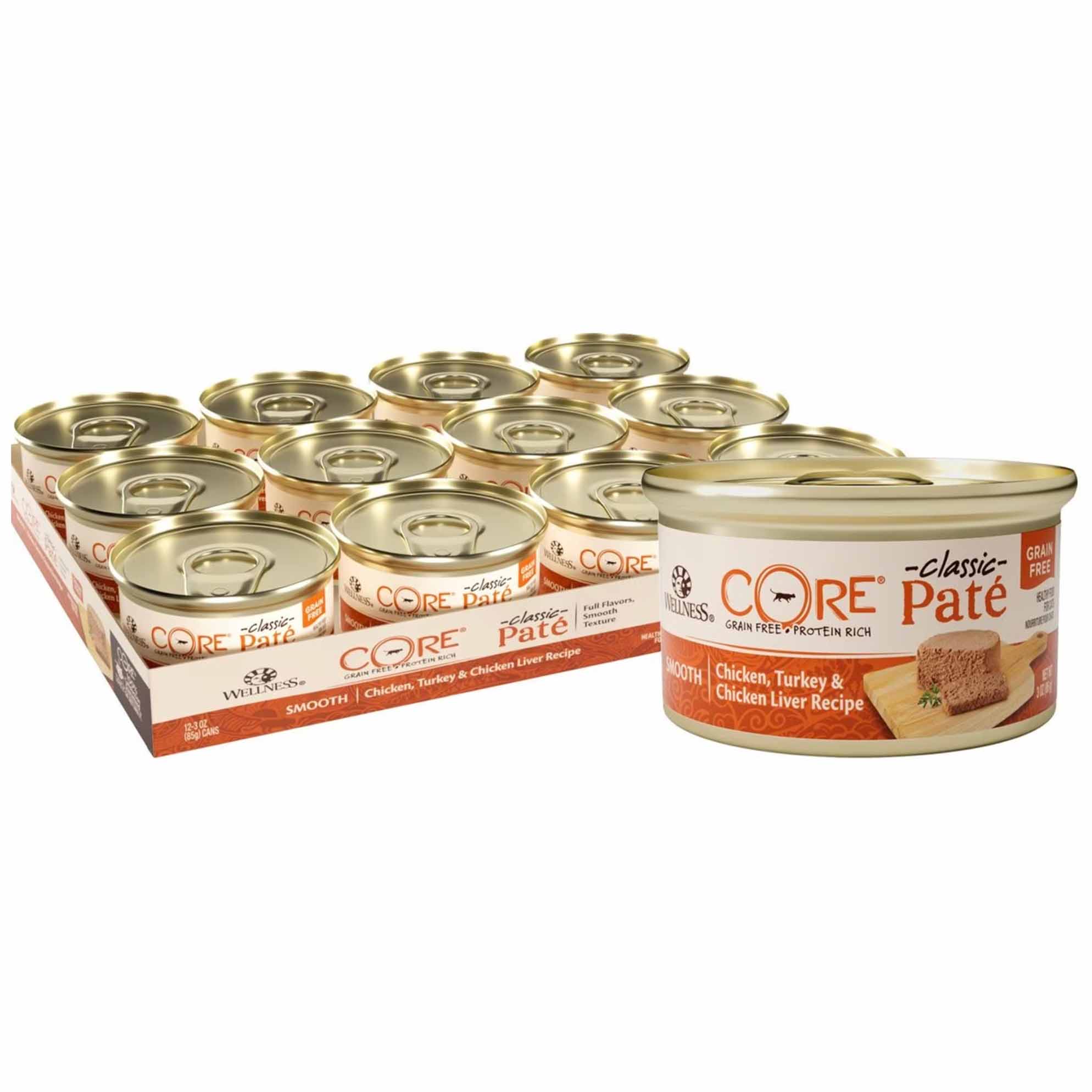 a large tin pack of Wellness CORE Grain-Free Chicken, Turkey & Chicken Liver Formula Canned Cat Food