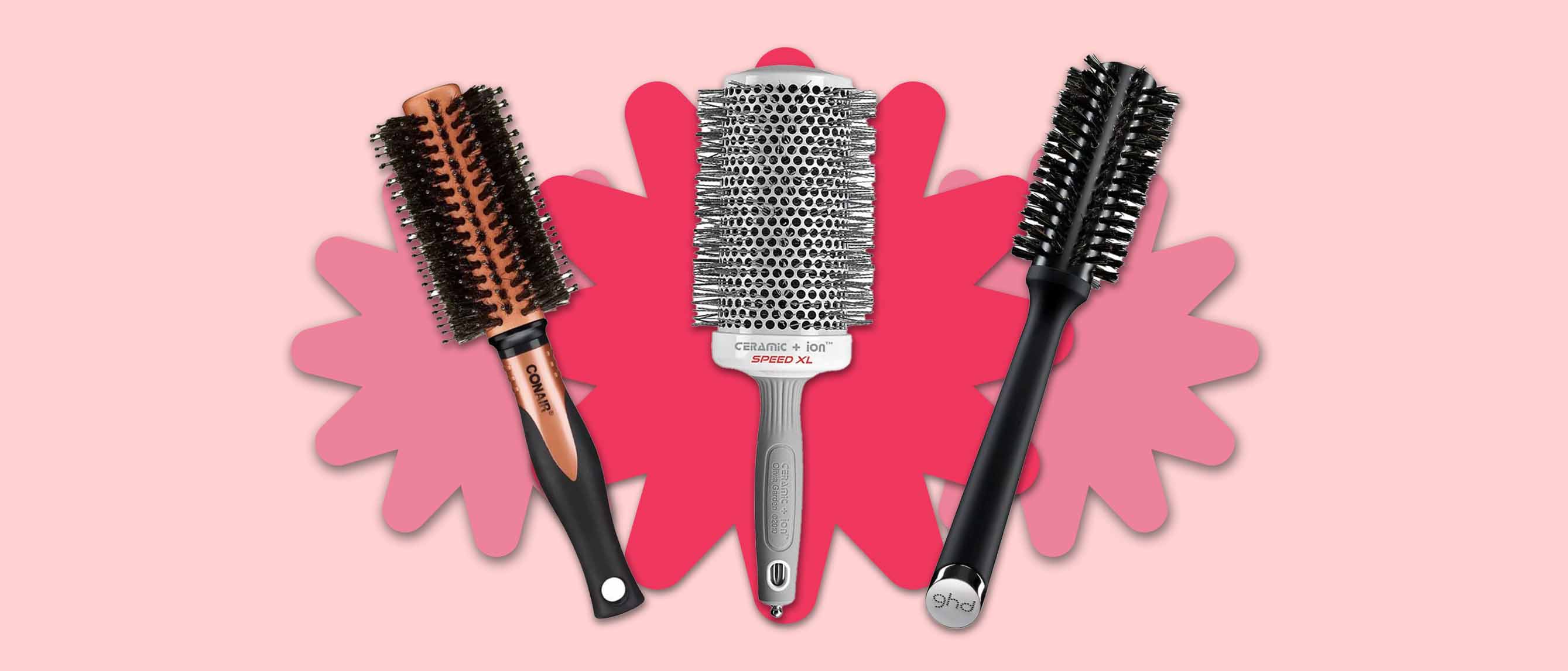 Image of three hair brushes with pink background