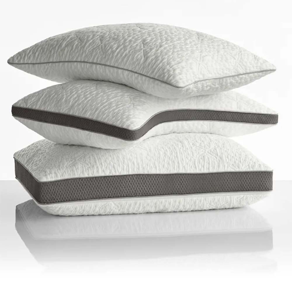 a stack of three pillows with grey border