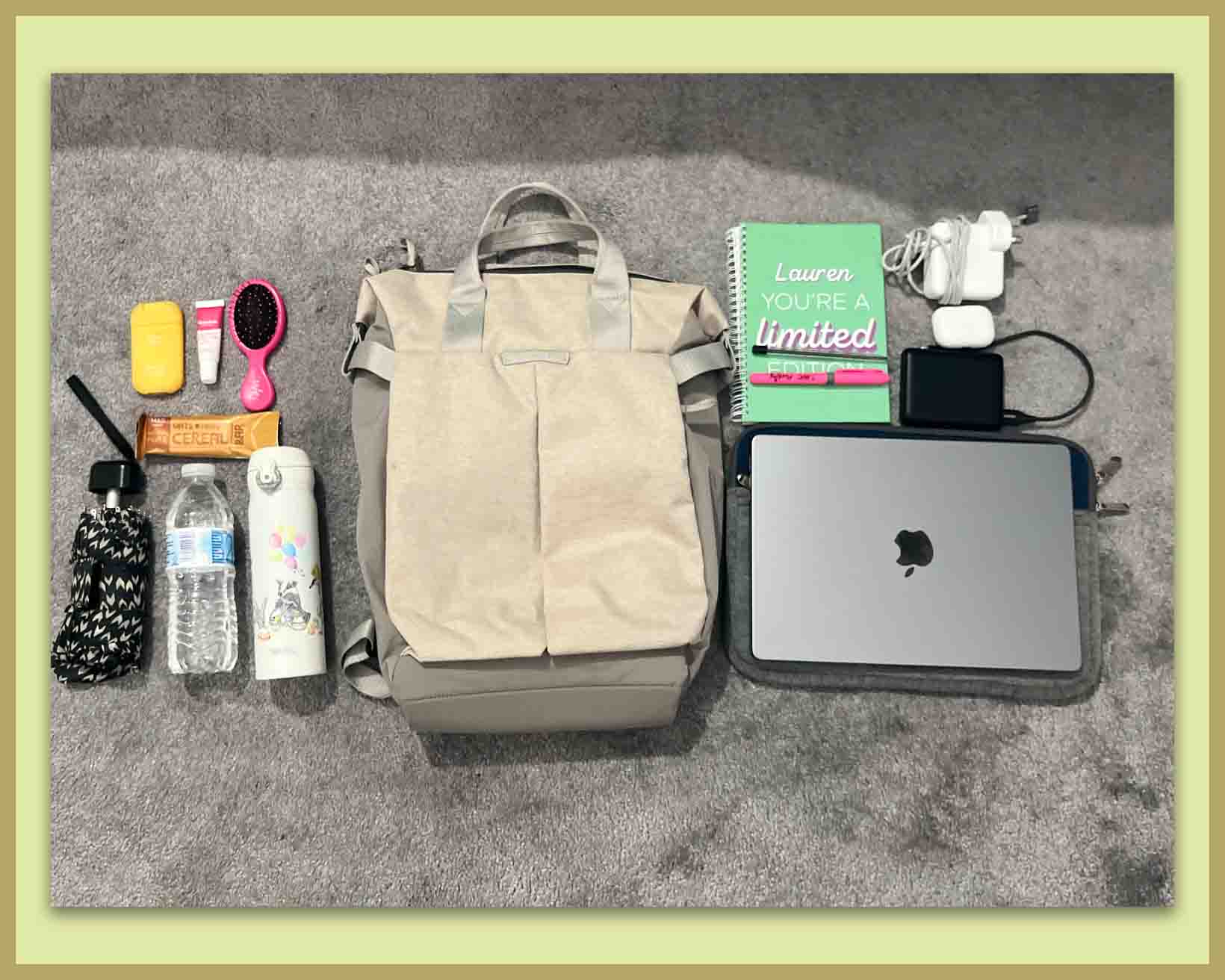 all the items that could fit into the bellroy backpack including a laptop, charger, flask, notebook and more