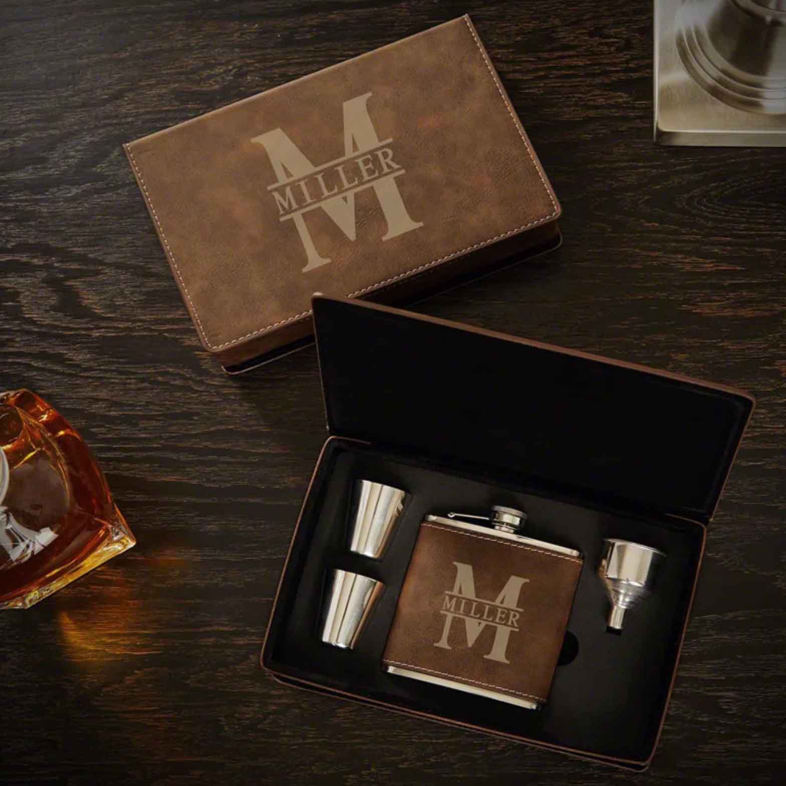 Oakmont Engraved Rustic Flask Gift Set with shot glasses
