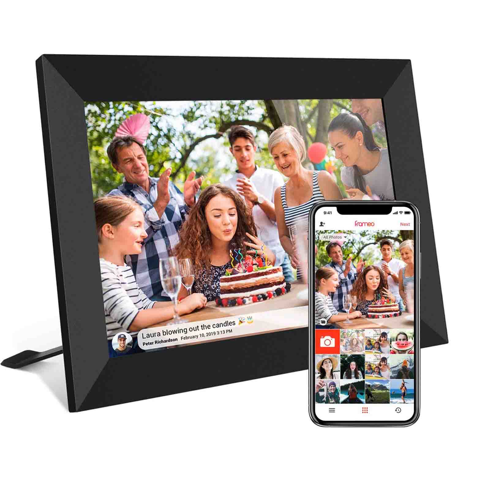 black FRAMEO 10.1 Inch Smart WiFi Digital Photo Frame connected to a smartphone