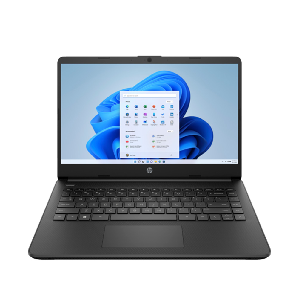the HP 14t-dq300 14-Inch Laptop in black with blue screensaver