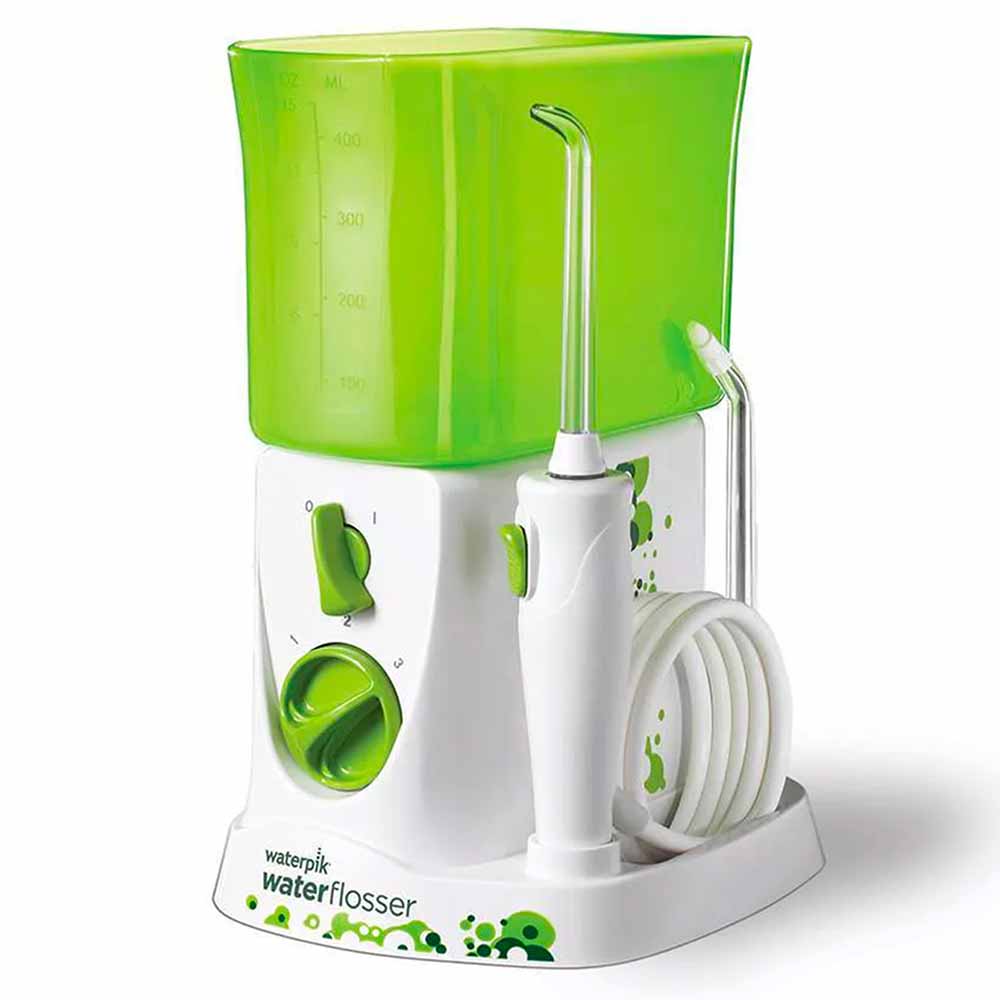 green and white water flosser for kids with large basin
