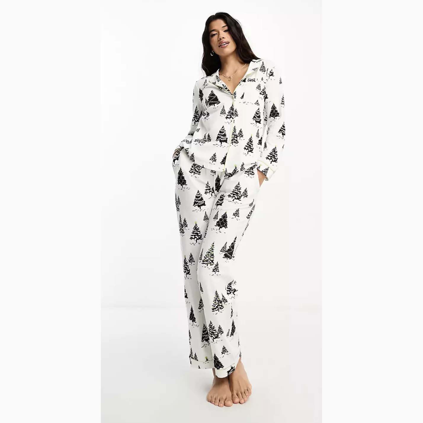 model wearing Chelsea Peers Christmas Tree Print Top and Pants Pajama Set in white