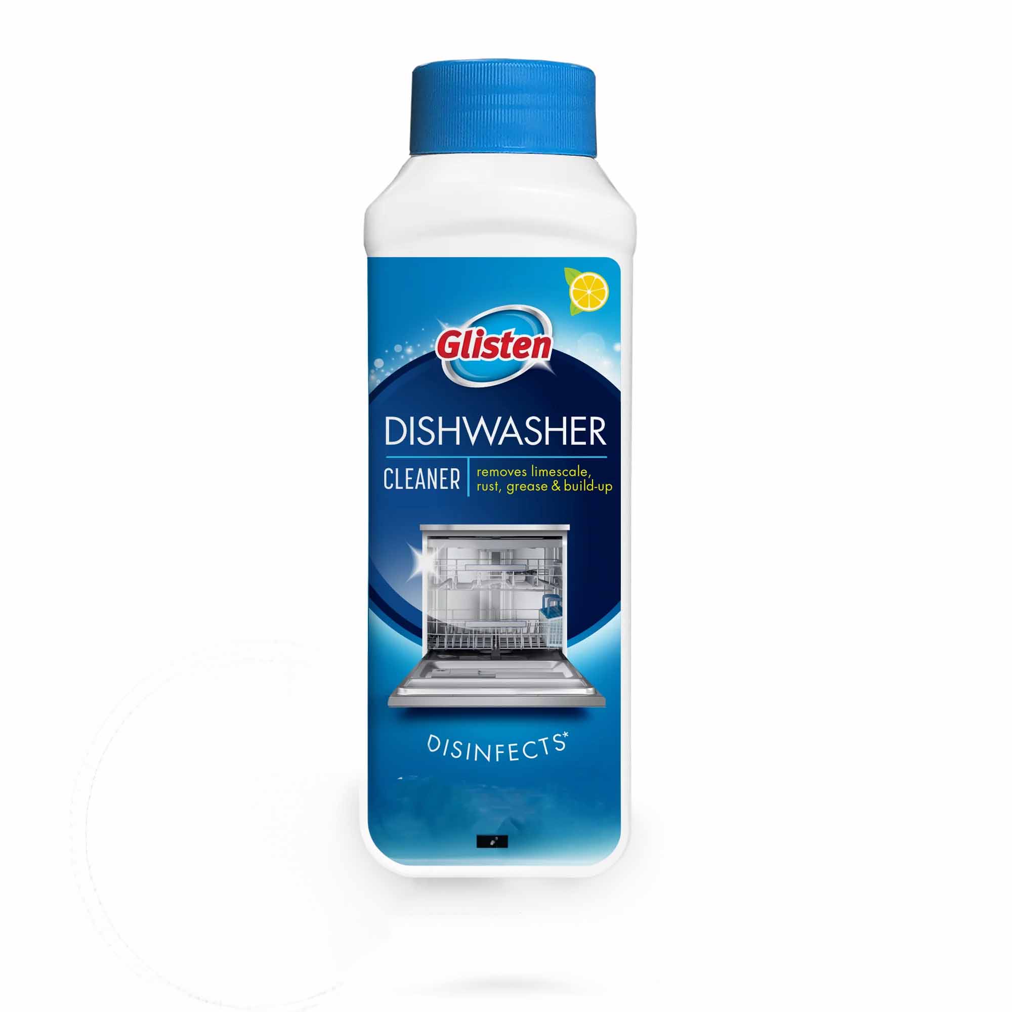 bottle of Glisten Dishwasher Cleaner & Disinfectant Liquid