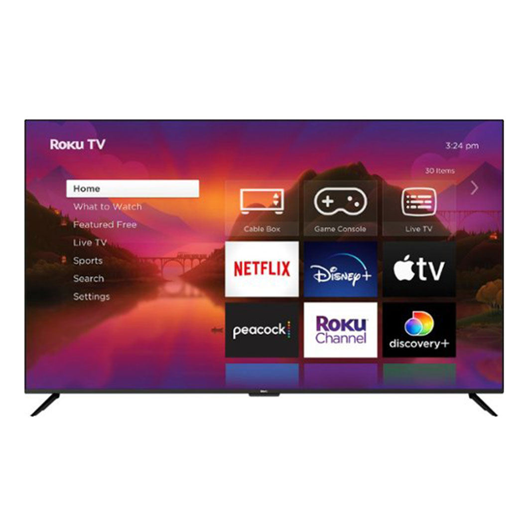 roku TV with Roku home screen display on stand feet