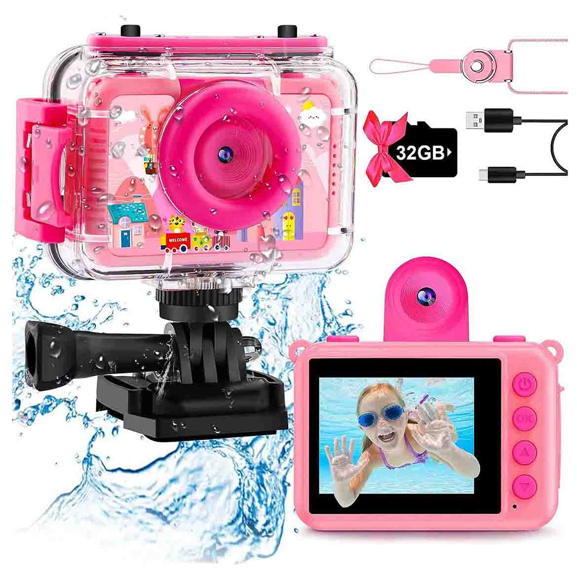 Pink camera on mount with accessories including SD card