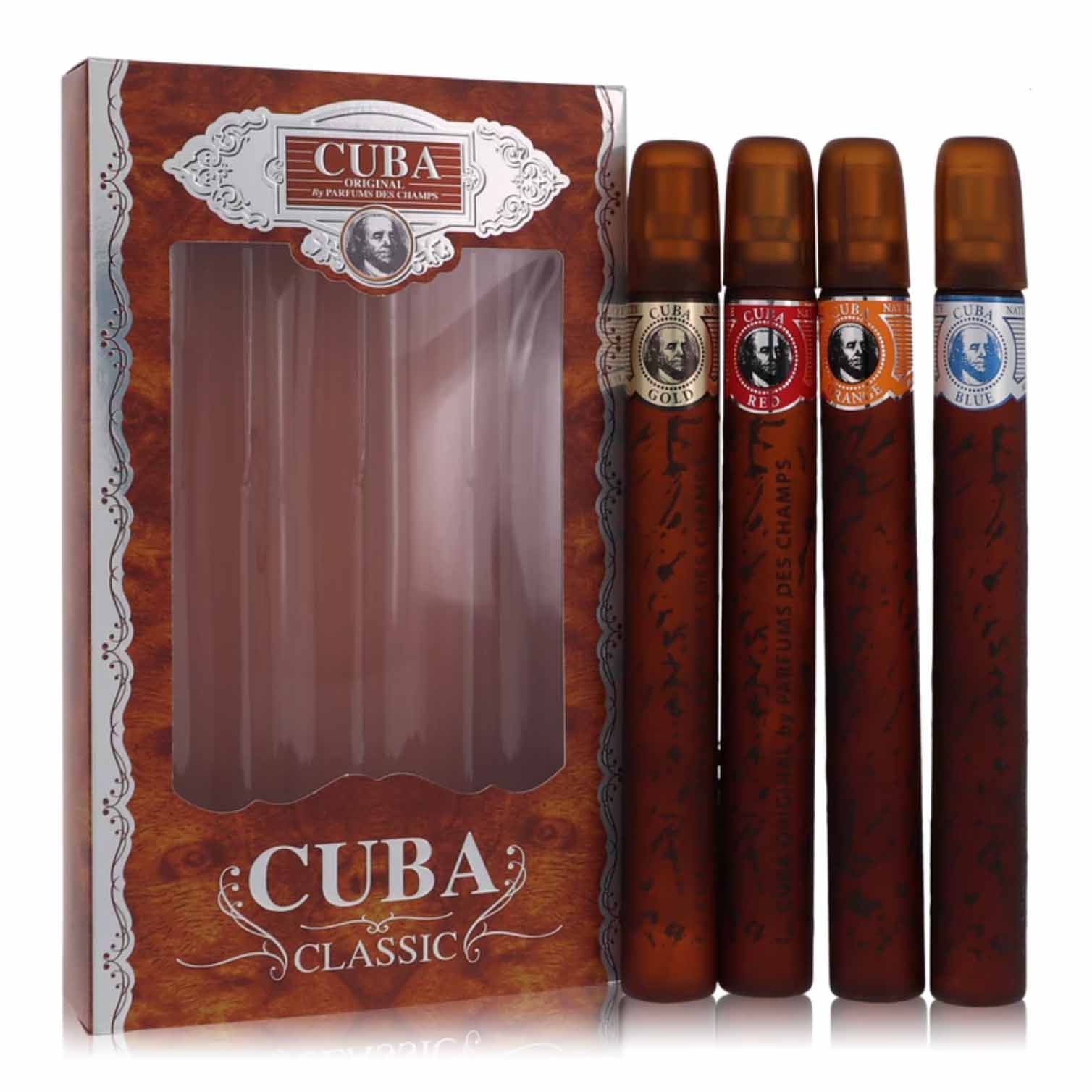 Four cigar-shaped perfume and box
