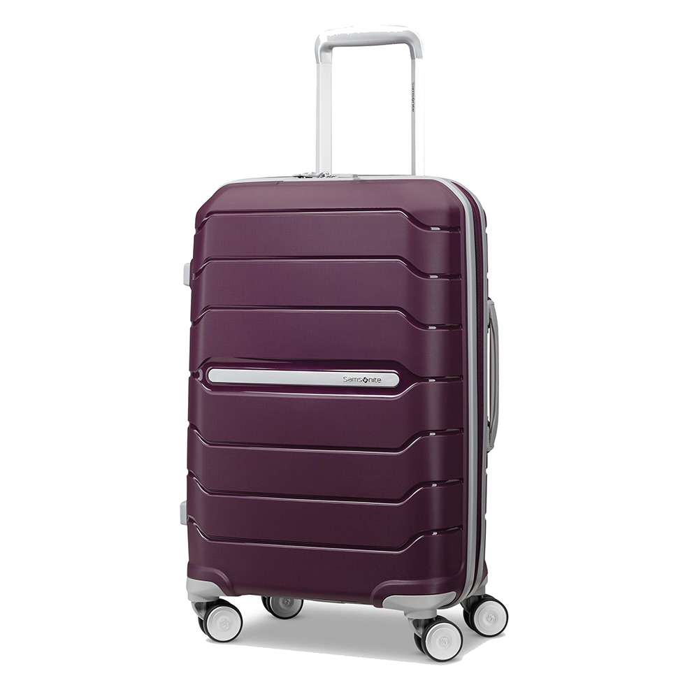 a purple and white suitcase with the handle partially extended