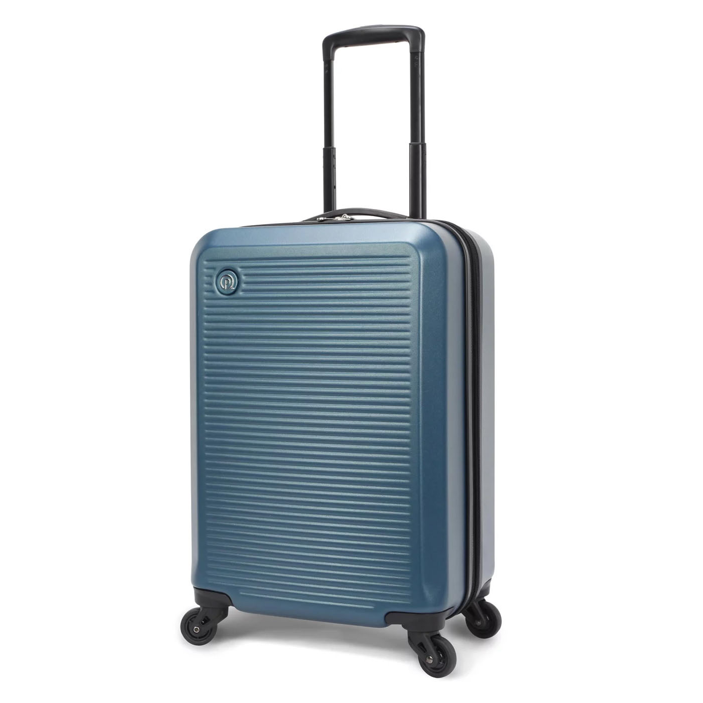 blue hard shell suitcase on wheels with telescopic handle
