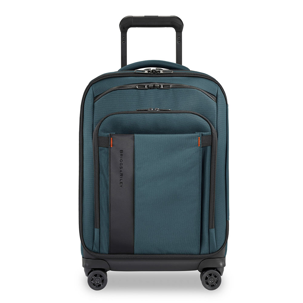 a blue and black cabin suitcase with the handle down