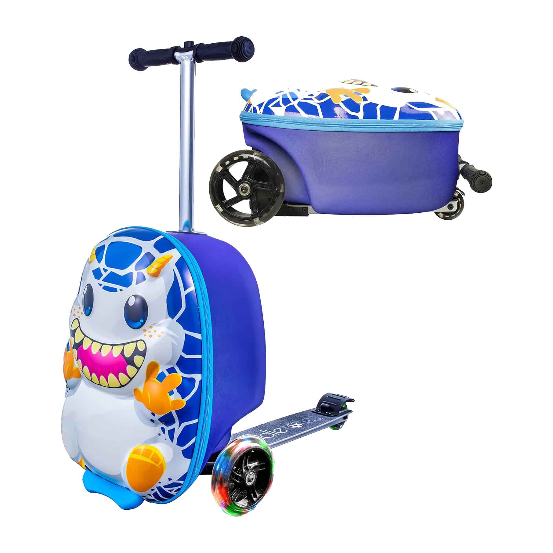 Kiddietotes Kids' Hardside Carry On Suitcase Scooter with a yeti monster design