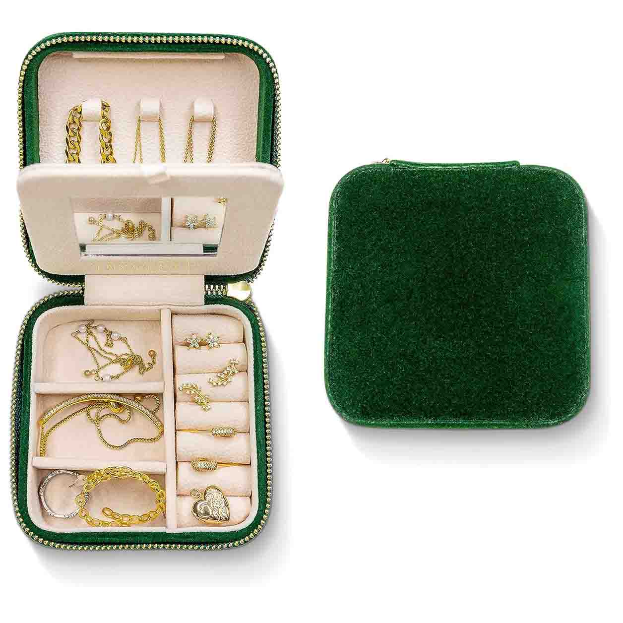 plush velvet green travel jewelry organizer box