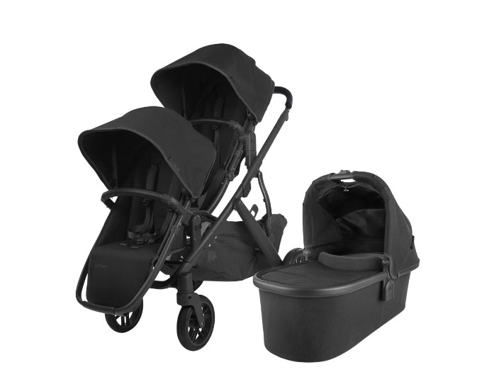 Black Uppababy double stroller with bassinet