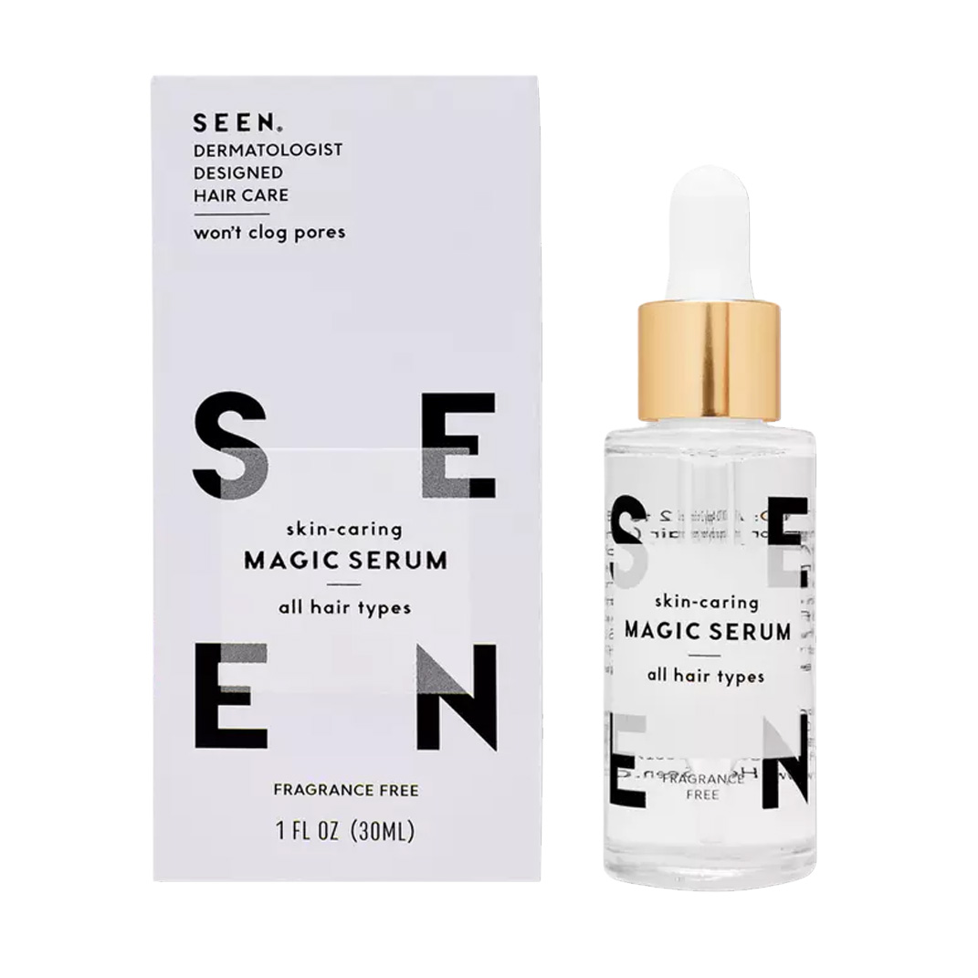 a bottle of SEEN Magic Serum for all hair types next to white packaging box 