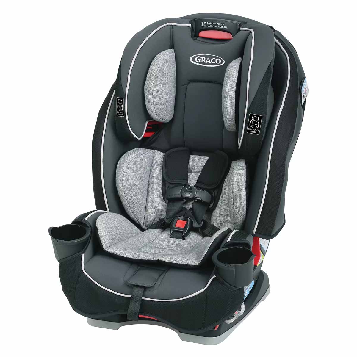black and grey convertible car seat with harness system 