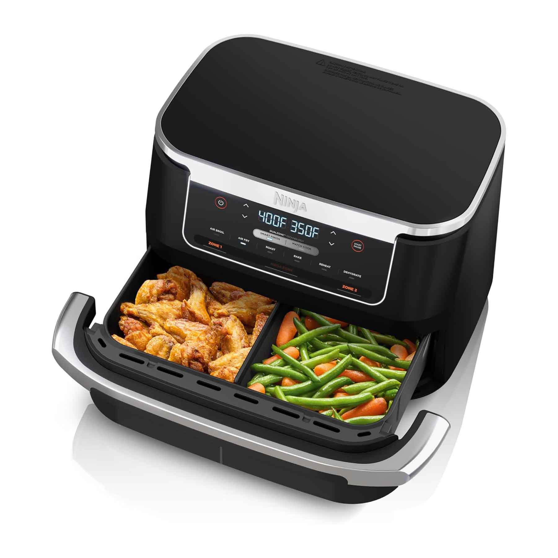 black Ninja Foodi air fryer with two baskets and an LED screen