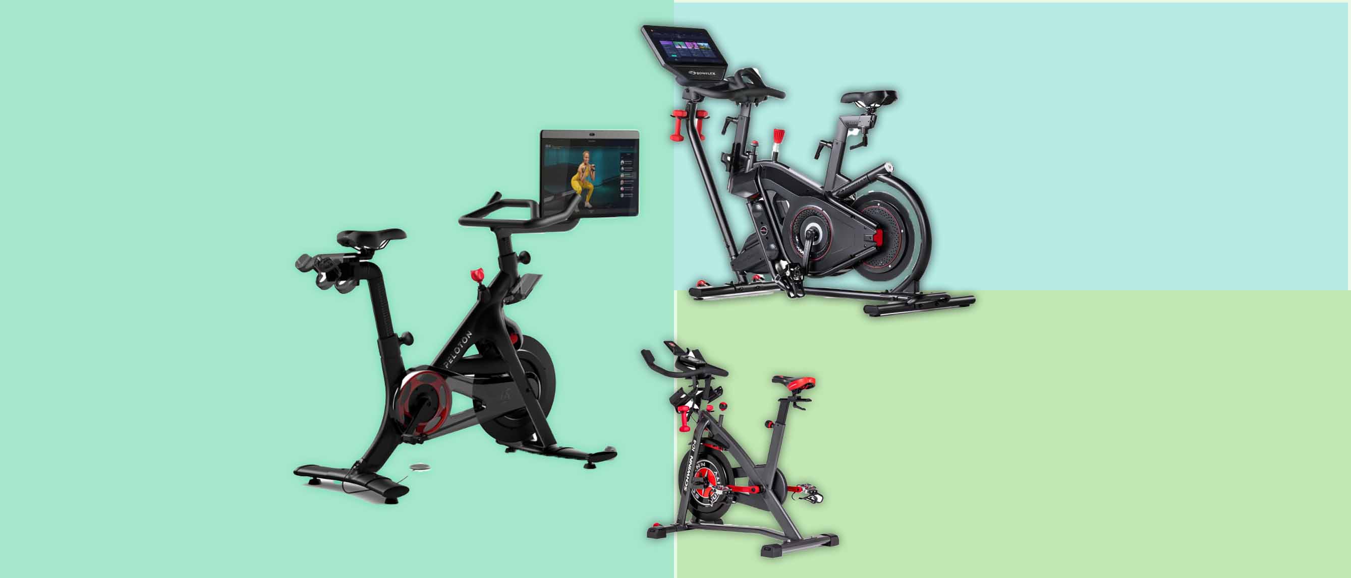 Three exercise bikes in a collage against a green grid background