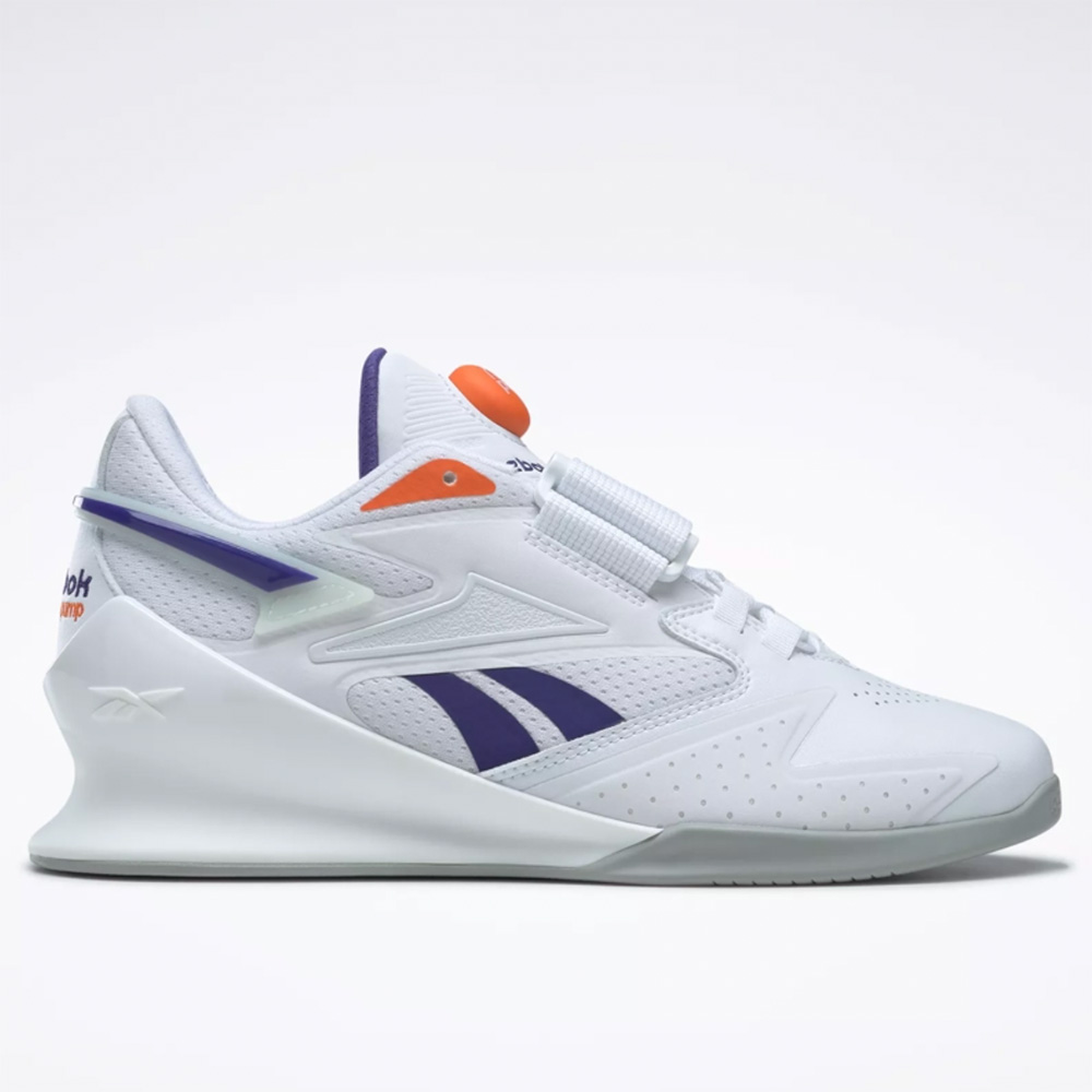 the Reebok Legacy Lifter III weightlifting shoe in white with blue and orange accents