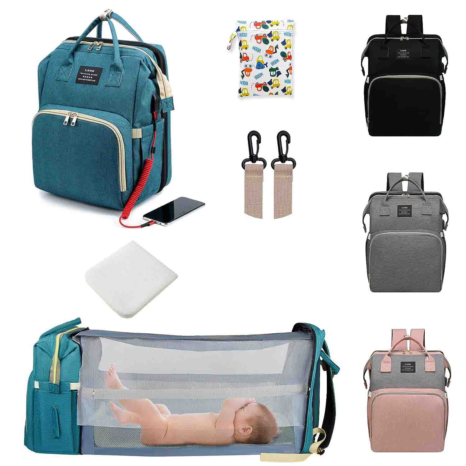 Antwotu backpacks in different color and a diaper change setup